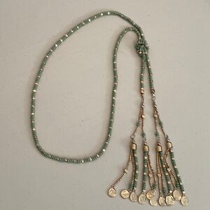 Green and Gold Tone Adjustable Beaded Tassel Necklace